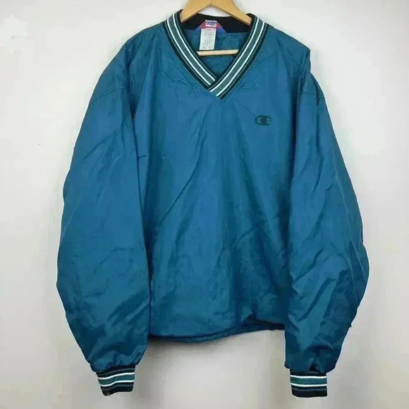 90s Champion Retro V-Neck Lightweight Pullover Jacket - Vintage Teal - Picture 1 of 6